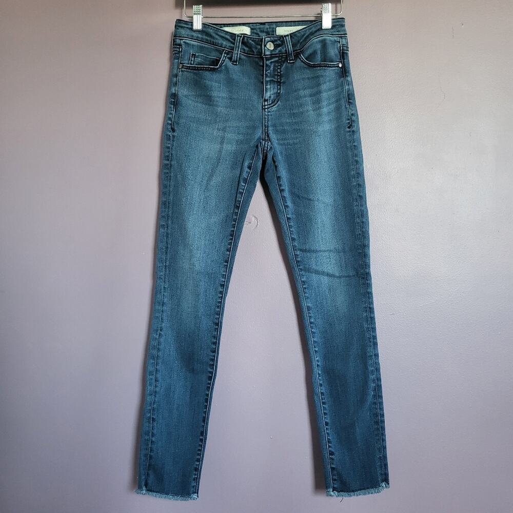Pilcro and the Letterpress Mid Rise Dark Wash Fringe Ankle Script Skinny Jeans